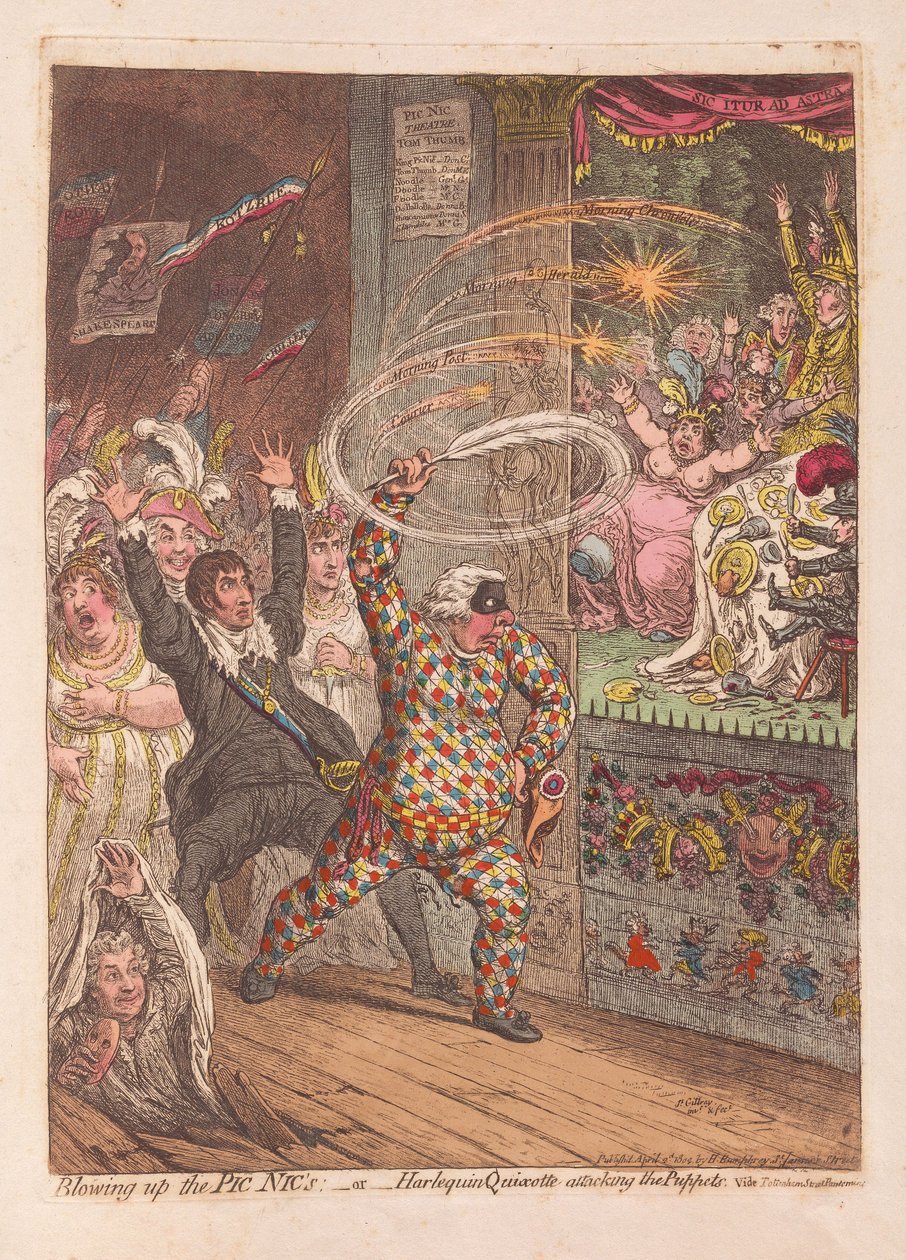 Spränger Pic Nics eller Harlequin Quixotte attackerar Puppets, pub. 1804 (handfärgad gravyr) av James Gillray