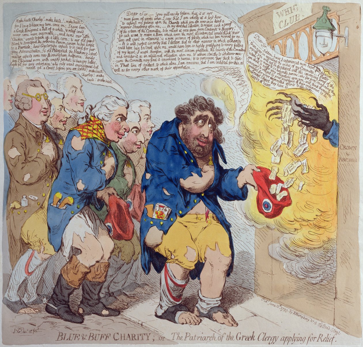 Blue und Buff Charity, eller The Patriarch of the Greek Clergy ansöker om hjälp, publicerad av Hannah Humphrey 1793 (handfärgad etsning) av James Gillray