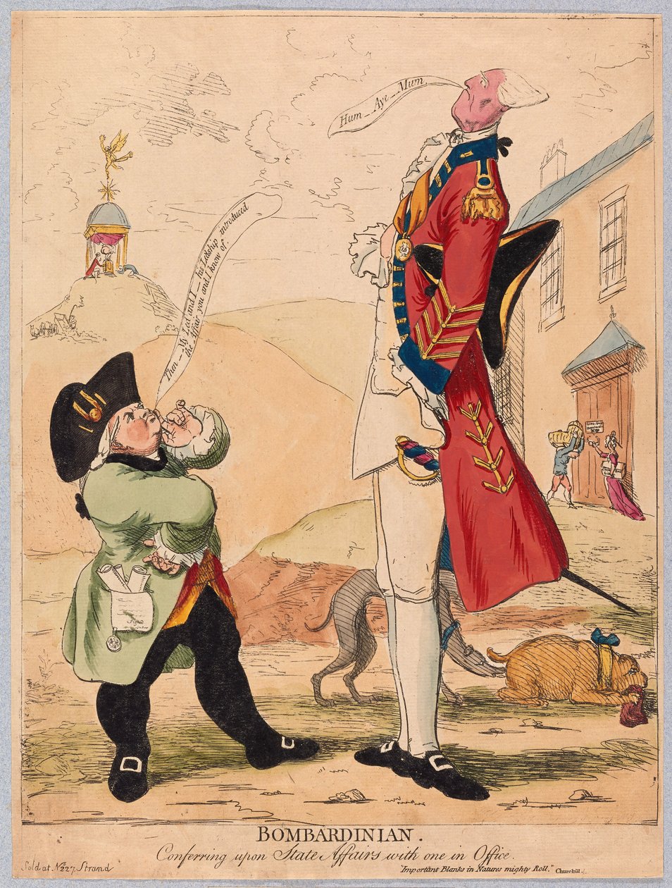 Bombardinian, konfererar om statliga angelägenheter med en i ämbetet, pub. 1779 (handfärgad gravyr) av James Gillray