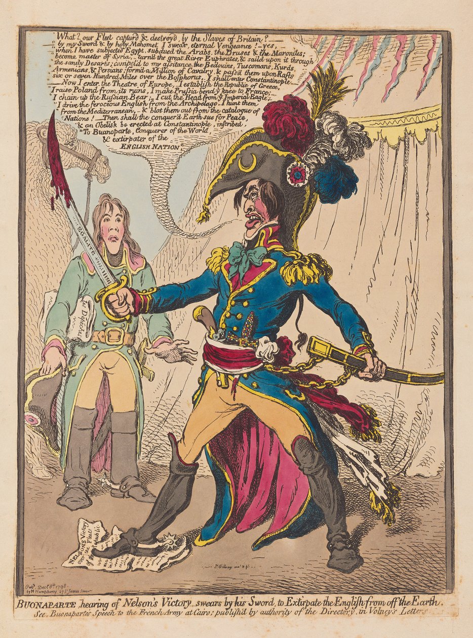 Bonaparte som hör av Nelsons Victory svär vid sitt svärd för att utrota engelsmännen från jorden, pub. 1798 (handfärgad gravyr) av James Gillray