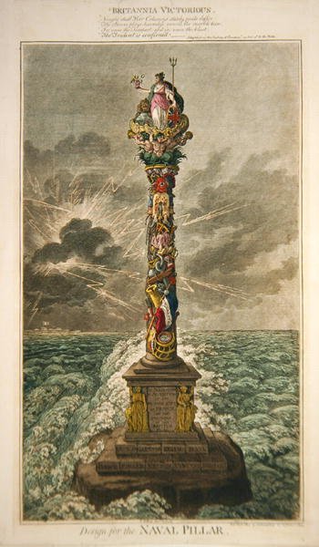 Britannia Victorious, Design for the Naval Pillar, publicerad av Hannah Humphrey av James Gillray