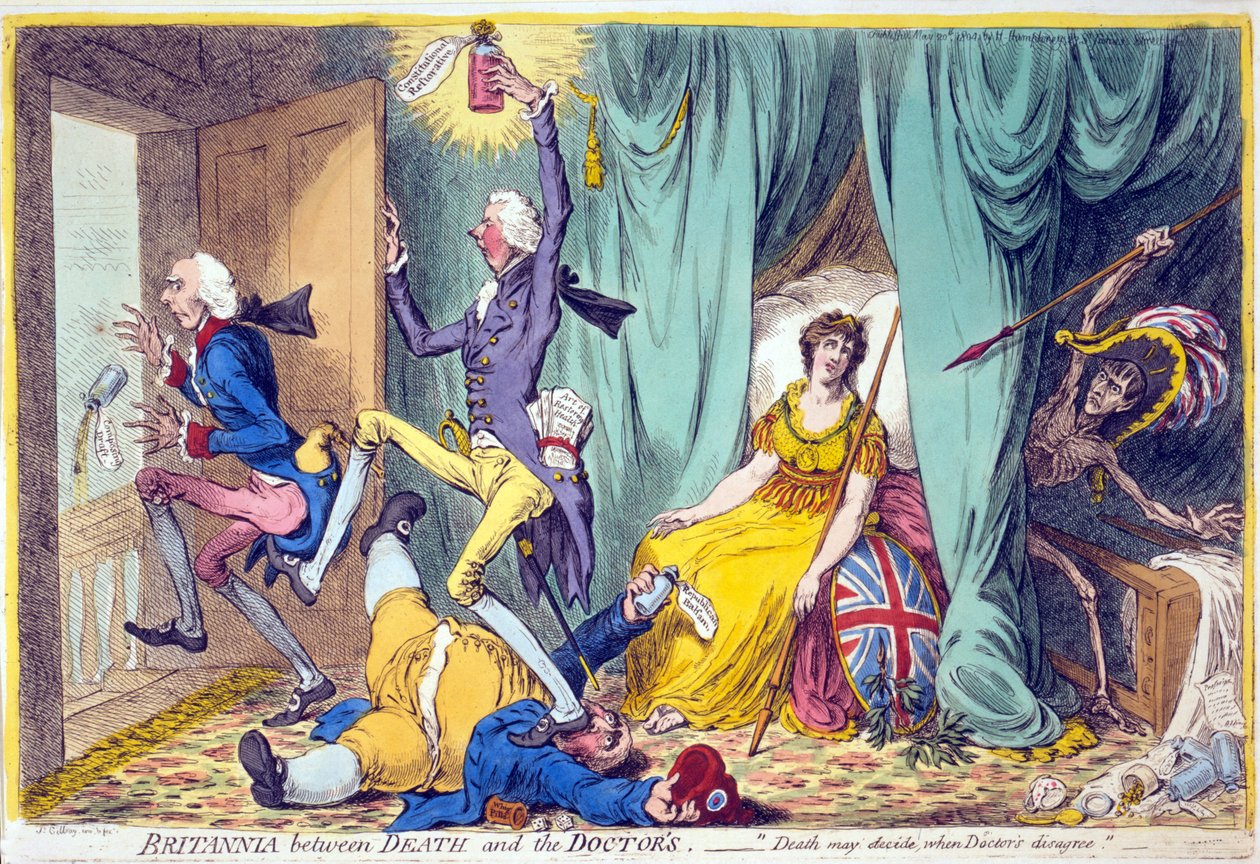 Britannia mellan döden och läkarna, pub. Hannah Humphrey, 20 maj 1804 (handfärgad gravyr) av James Gillray