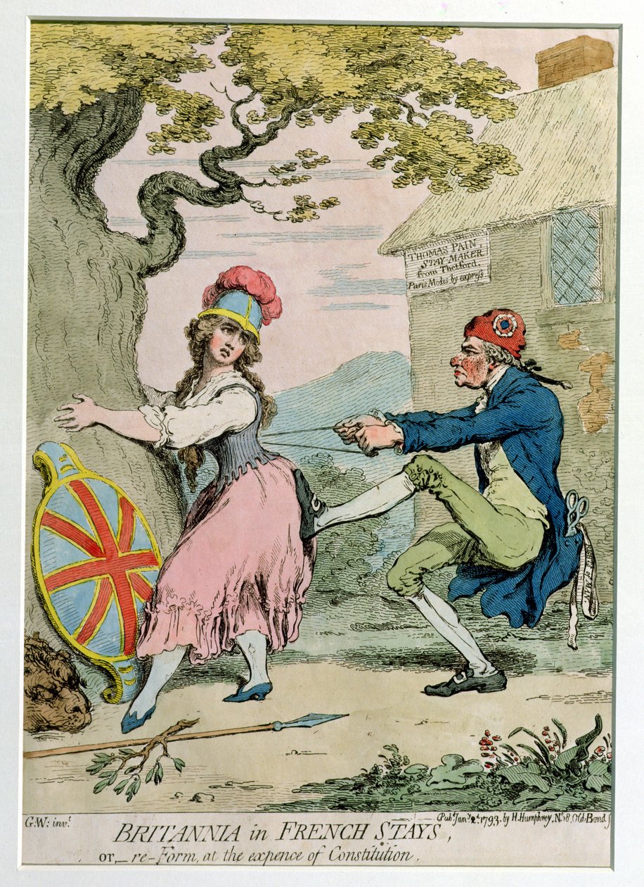 Britannia in French Stays, or Re-Form at the Expense of Constitution, utgiven av Hannah Humphrey 1793 (handkolorerad etsning) av James Gillray