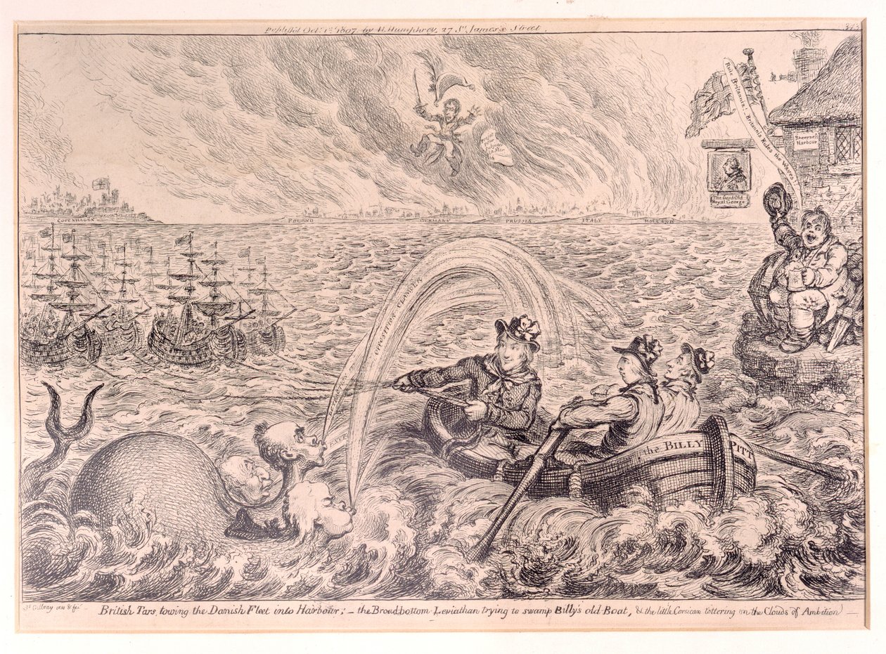 British Tars bogserade den danska flottan i hamnen, 1807 av James Gillray