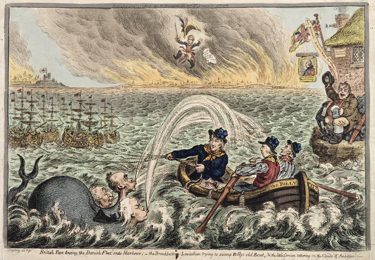 Brittiska Tars som bogserar den danska flottan in i hamnen, eller The Broadbottom Leviathan som försöker tränga över Billys gamla båt, och den lilla korsikaneren som vacklar på ambitionernas moln, 1807 (handfärgad etsning av James Gillray