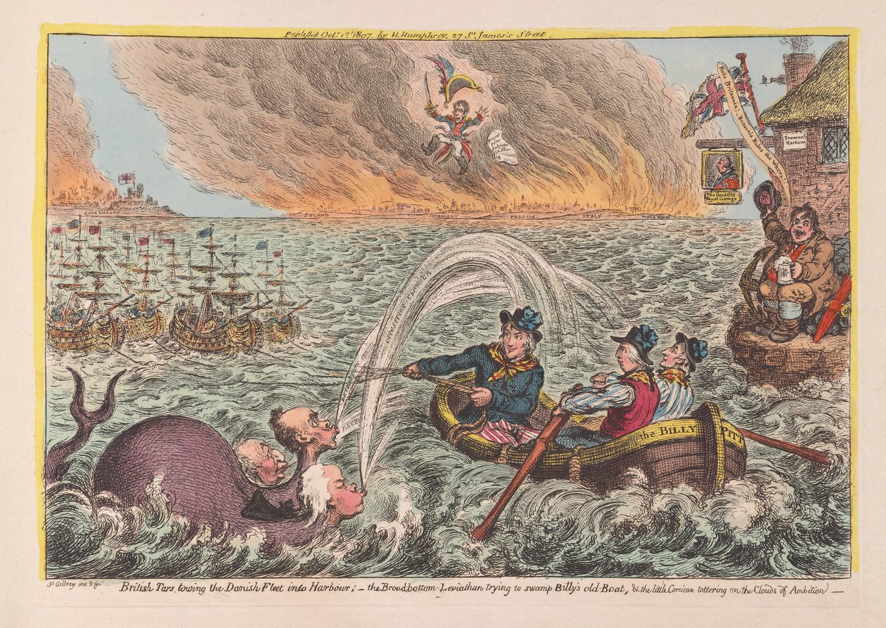 Brittiska Tars som bogserar den danska flottan in i hamnen: Leviathan med bred botten som försöker tränga in Billys gamla båt, & den lilla korsikaneren som vacklar på Ambitionsmolnen, pub. 1807 (handfärgad engra av James Gillray