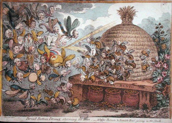 Drönare med bred botten som stormar kupan, getingar, bålgetingar och humlor går med i attacken, publicerad av Hannah Humphrey 1808 (handfärgad etsning) av James Gillray