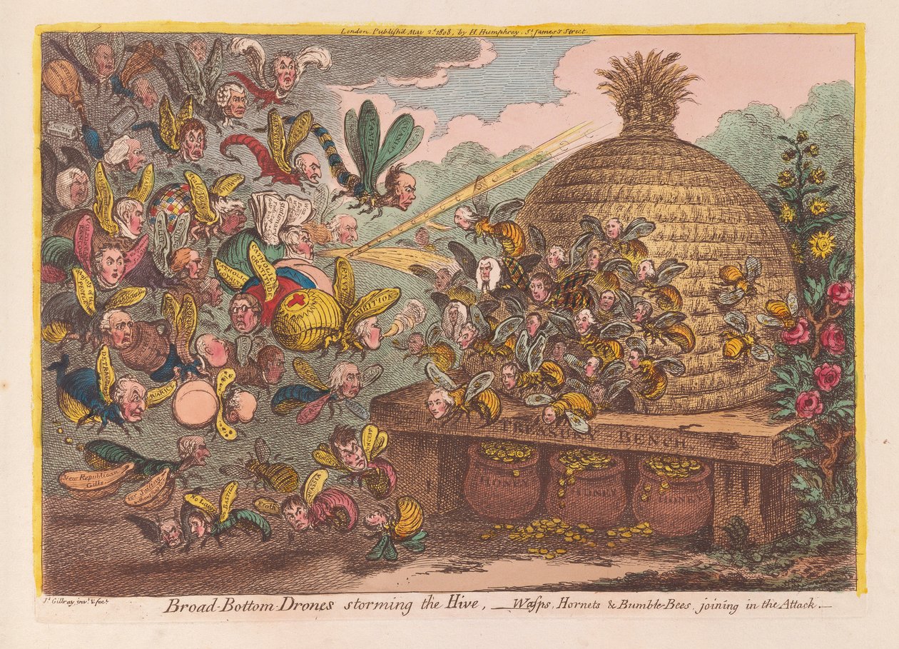 Drönare med bred botten som stormar kupan: getingar, bålgetingar och humlor går med i attacken, pub. 1808 (handfärgad gravyr) av James Gillray