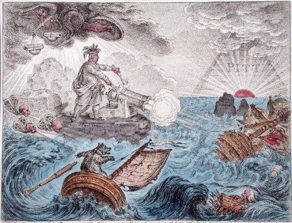 Bruin in his Boat, or The Manager in Distress, publicerad av Hannah Humphrey 1806 (handfärgad etsning) av James Gillray