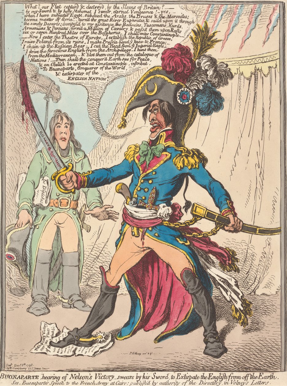 Buonaparte, som får höra om Nelsons seger, svär vid sitt svärd att utrota engelsmännen från jordens yta (ur: Karikatyr, vol. 1) av James Gillray