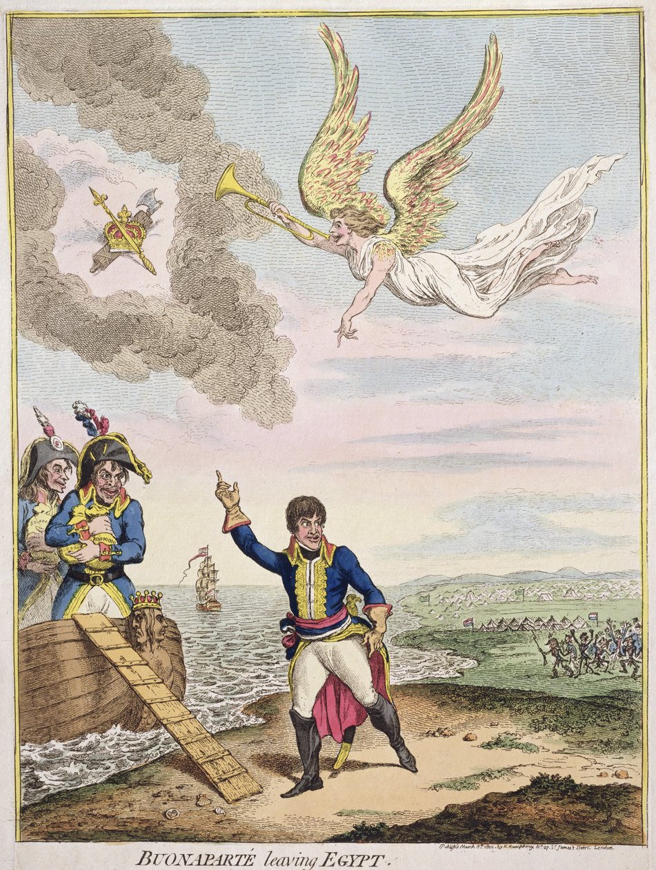 Buonaparte lämnar Egypten, publicerad av Hannah Humphrey 1800 (handfärgad etsning) av James Gillray