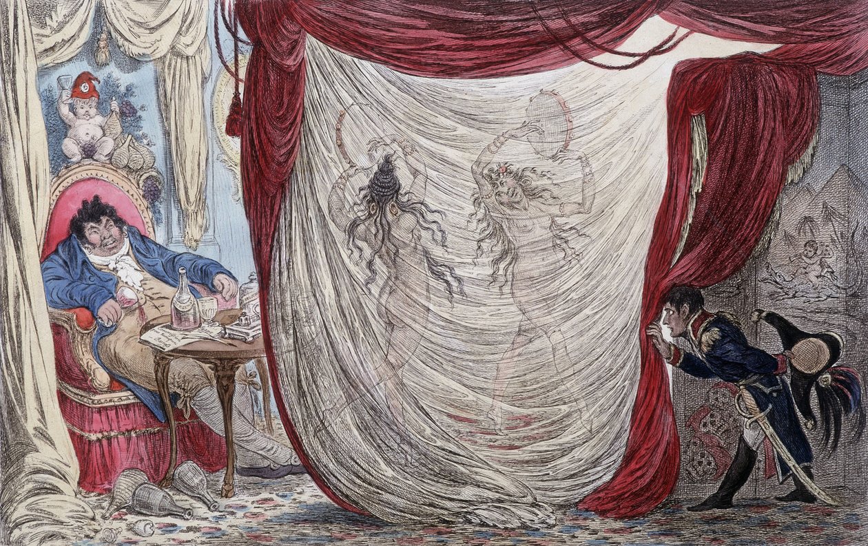 Tecknad film om Napoleon, Paul Barras, Josephine och Mademoiselle de Fontenay, kallad ausii Teresa (Theresa eller Terezia) Cabarrus, kallad Madame Tallien (Talien) eller dessa damer dansar nakna för Barras, under Napoleons smygande öga [Josephine var, kl. av James Gillray