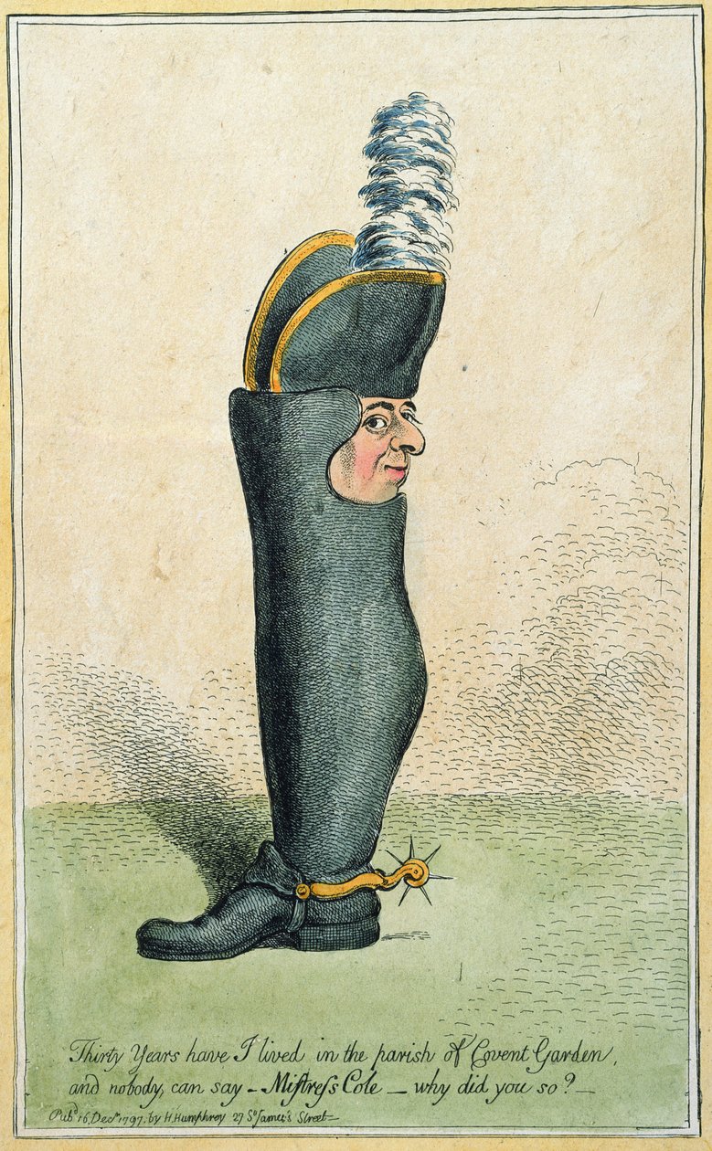 Tecknad serie som föreställer överste Justly Watson med en stövelkropp, publicerad av Hannah Humphrey 1797 (handfärgad etsning) av James Gillray