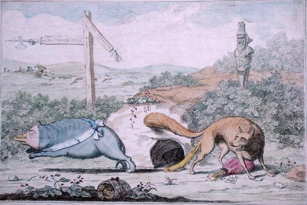 Changing Places, or Fox som stinker grävlingen ur sitt bo, publicerad av William Humphrey 1782 (handfärgad etsning) av James Gillray