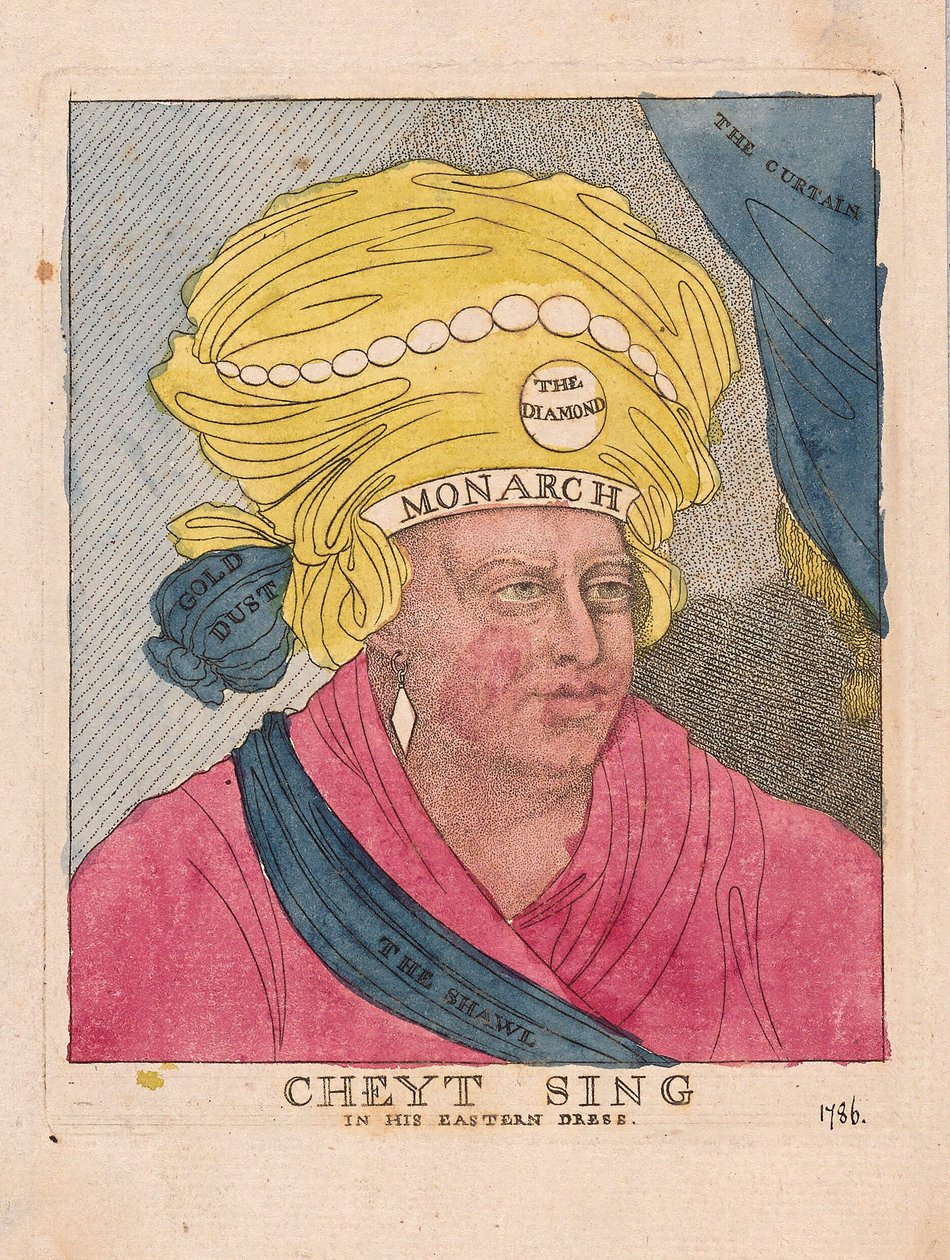Cheyt Sing in his Eastern Dress, pub. 1786 (handfärgad gravyr) av James Gillray