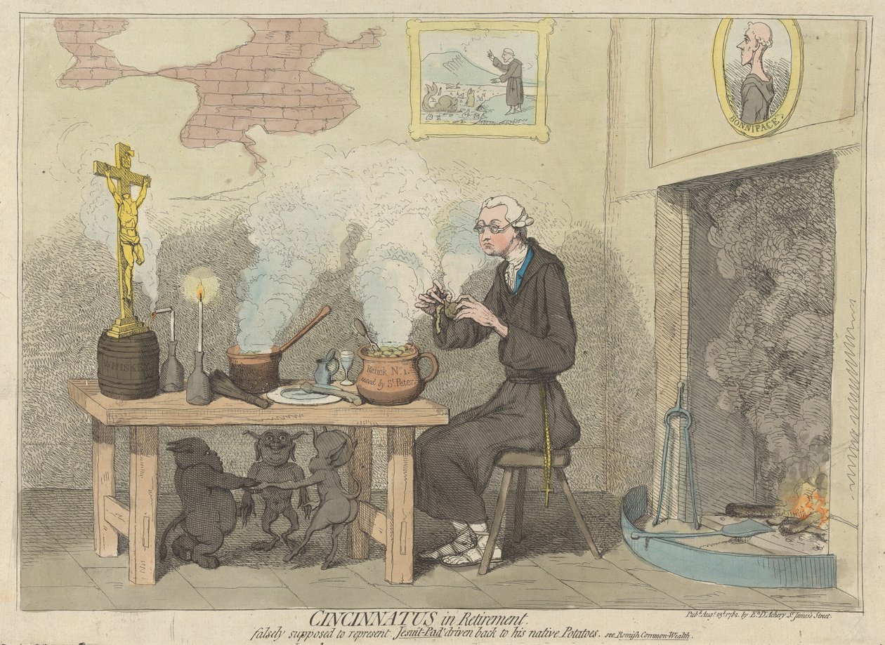Cincinnatus i reträtt, felaktigt antagen föreställa jesuiten-Pad som drivs tillbaka till sin inhemska potatis. (ur: Karikatyr, vol. 2) av James Gillray