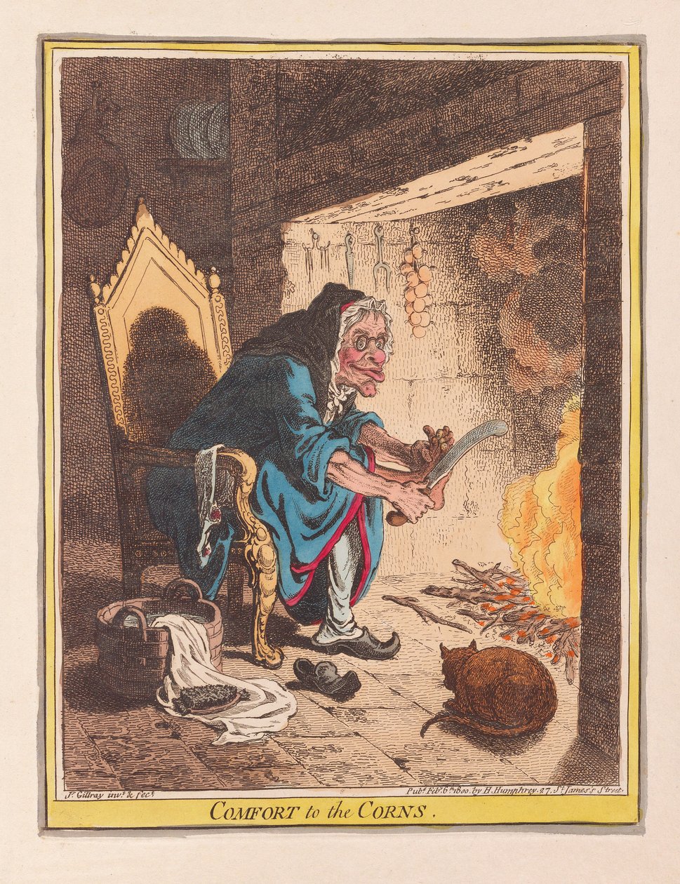 Comfort to the Corns, pub. 1800 (handfärgad gravyr) av James Gillray
