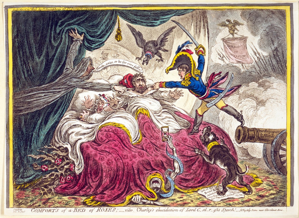 Comforts of a Bed of Roses: pub. Hannah Humphrey, 21 april 1806 (handfärgad gravyr) av James Gillray