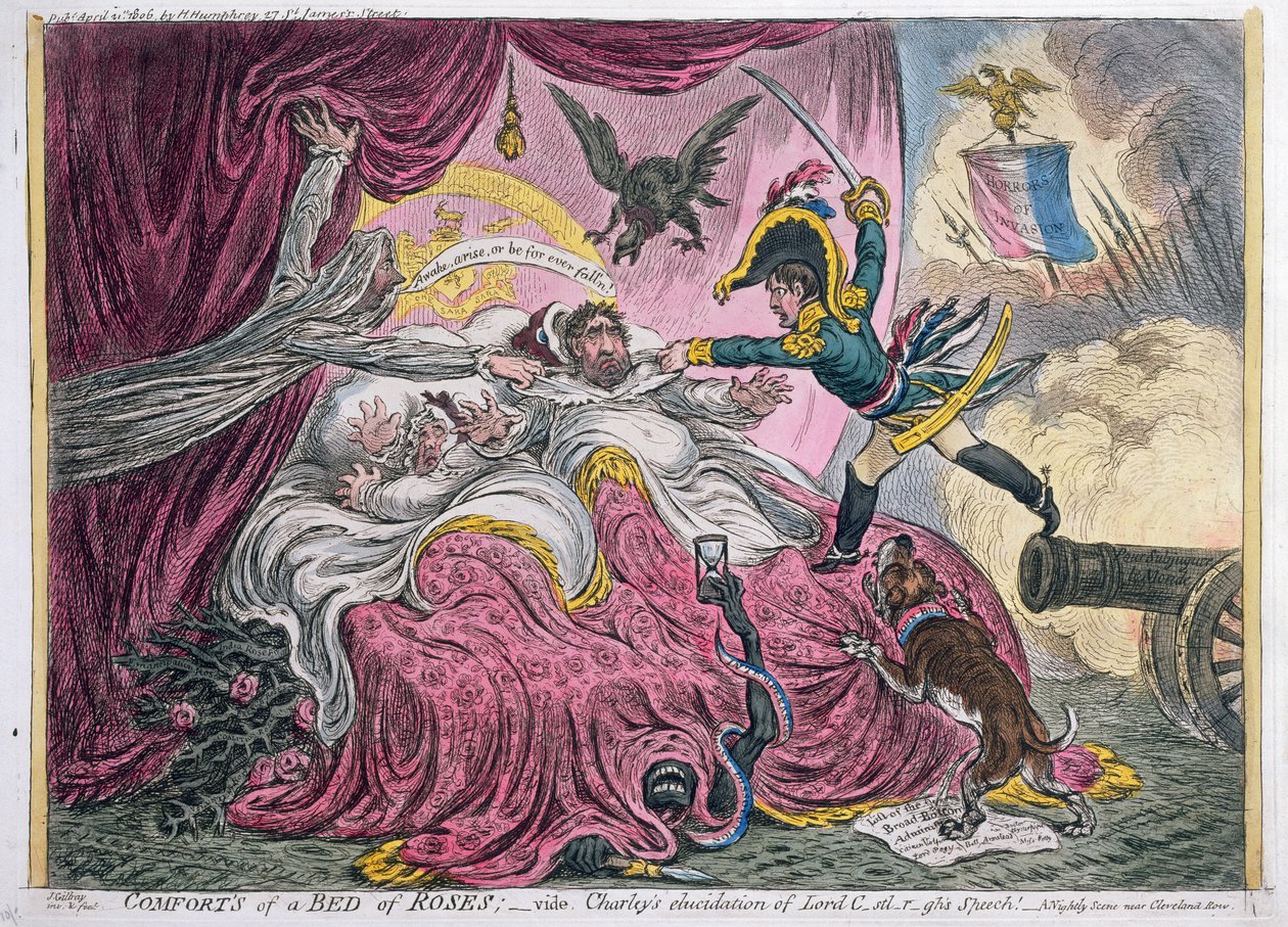 Comforts of a Bed of Roses, utgiven av Hannah Humphrey 1806 (handkolorerad etsning med akvatint) av James Gillray