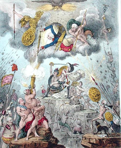 Confederated Coalition, eller The Giants Storming Heaven, publicerad av Hannah Humphrey 1804 (etsning, gravyr, akvatint och akvarell på papper) av James Gillray