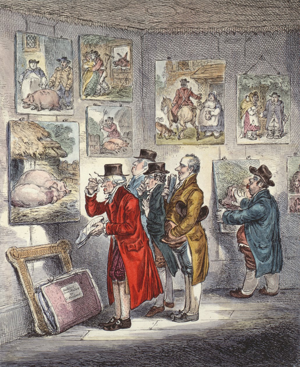 Konnässörer undersöker en samling George Morlands målningar av James Gillray