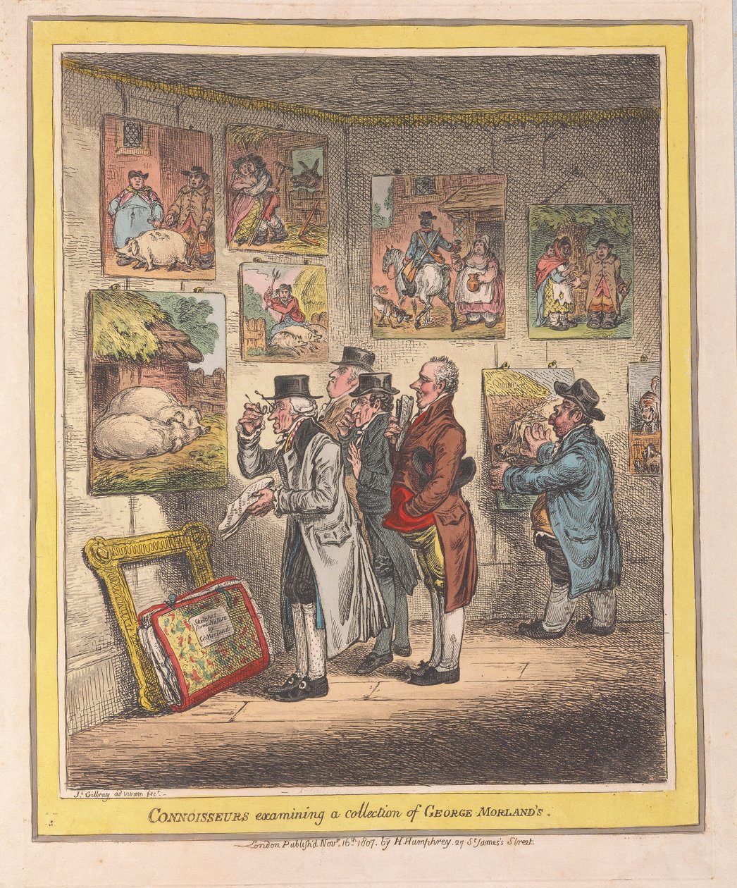 Konnässörer undersöker en samling av George Morlands, pub. 1807 (handfärgad gravyr) av James Gillray