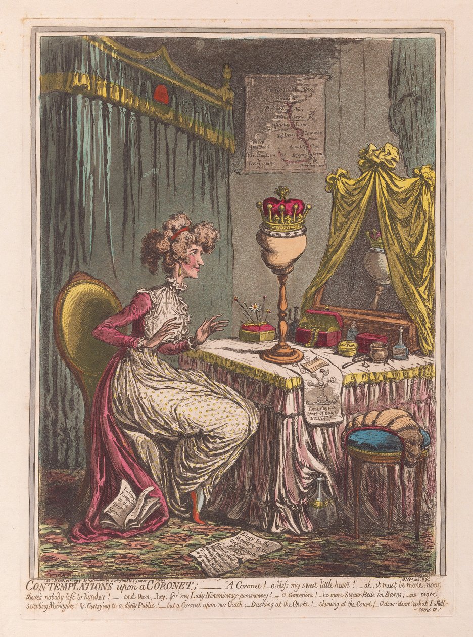 Kontemplationer på en Coronet, pub. 1807 (handfärgad gravyr) av James Gillray