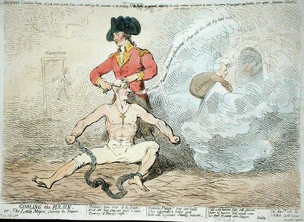 Cooling the Brain, eller The Little Mayor Shaving the Shaver, publicerad av J. Aitken 1789 (handfärgad etsning) av James Gillray