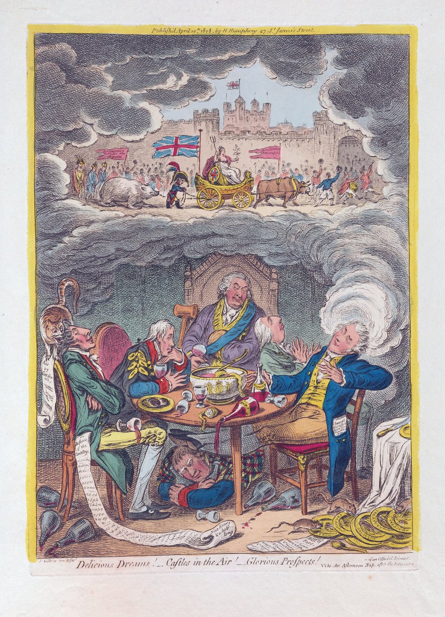 Delicious Dreams: Castles in the Air! - Glorious Prospects!, pub. 1808 (handfärgad gravyr) av James Gillray