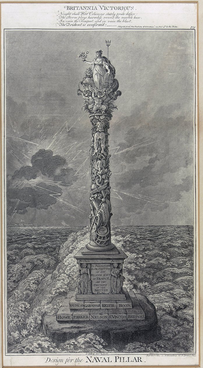 Design för marinens pelare "Britannia Victorious" Etsning från 1800, av James Gillray (1757-1815). av James Gillray