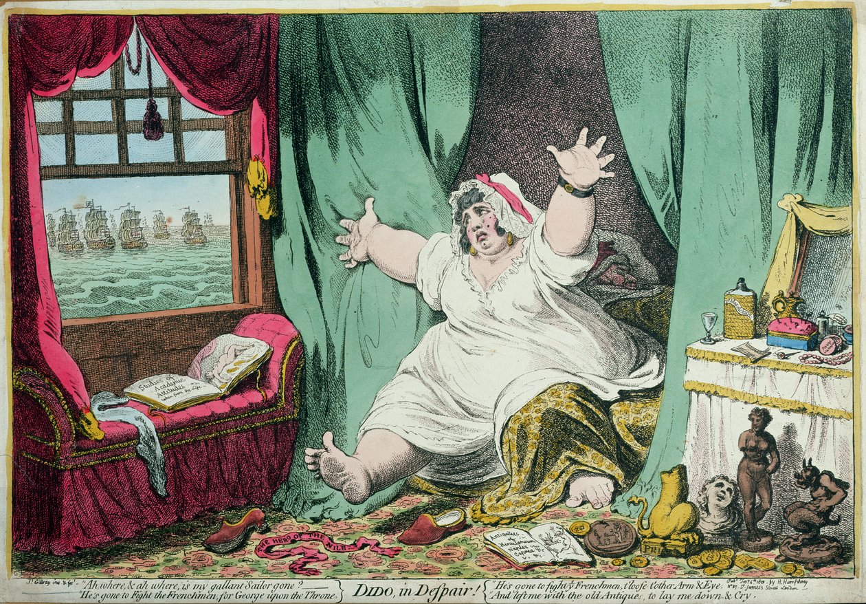 Dido in Despair, publicerad av Hannah Humphrey, 1801 (handfärgad gravyr) av James Gillray