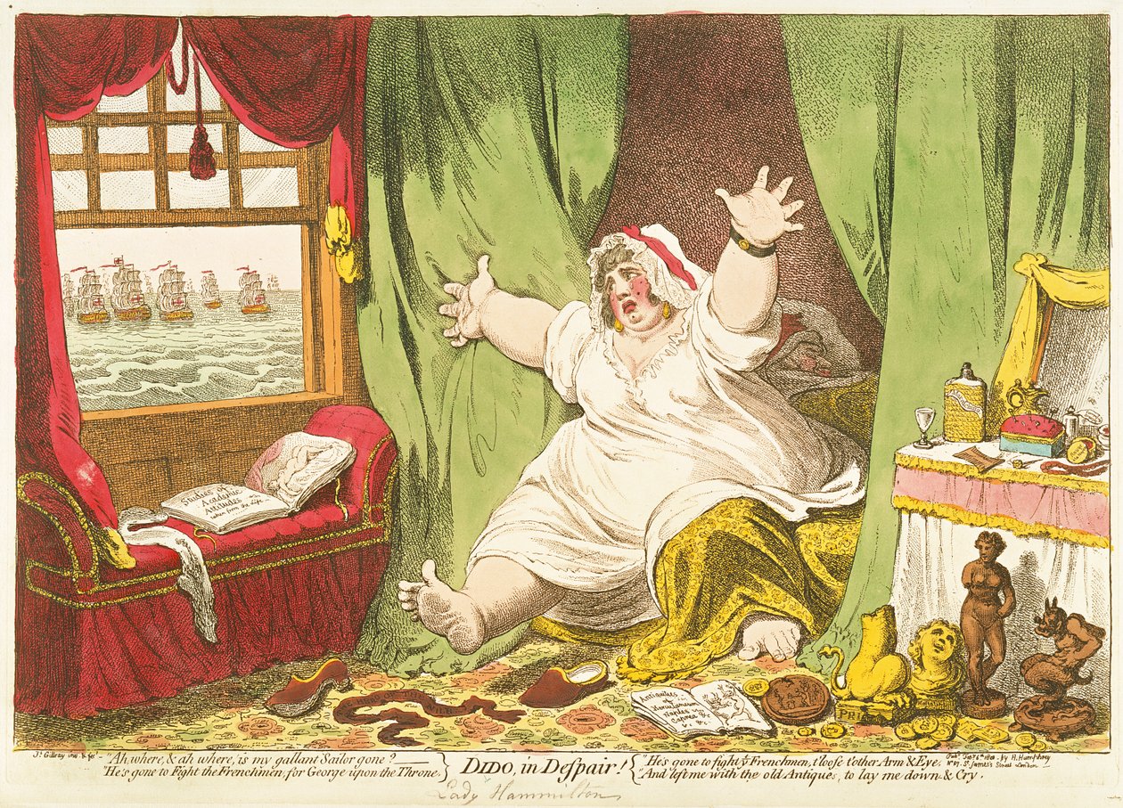 Dido in Despair, publicerad av Hannah Humphrey, 1801 (handfärgad gravyr) av James Gillray