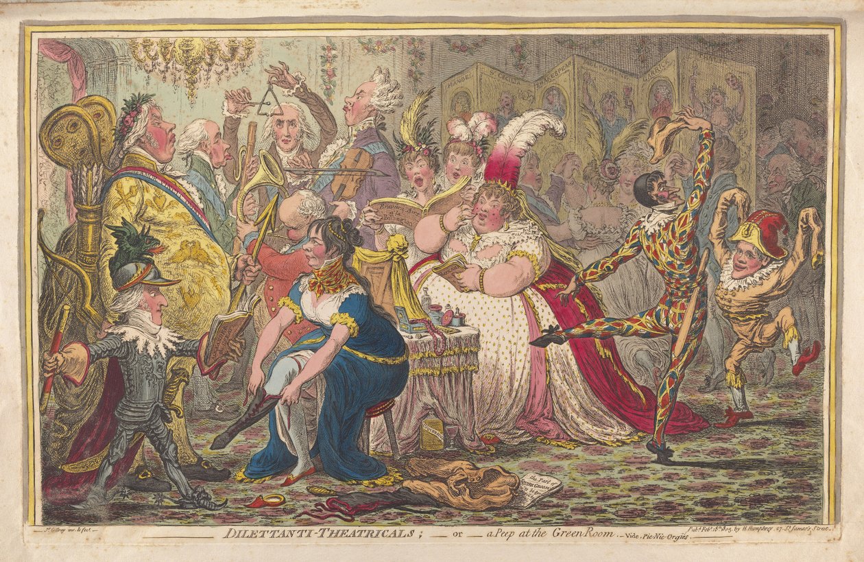 Dilettanti Theatricals eller en titt på Green Room, se. Pic-Nic-Orgies, pub. 1803 (handfärgad gravyr) av James Gillray