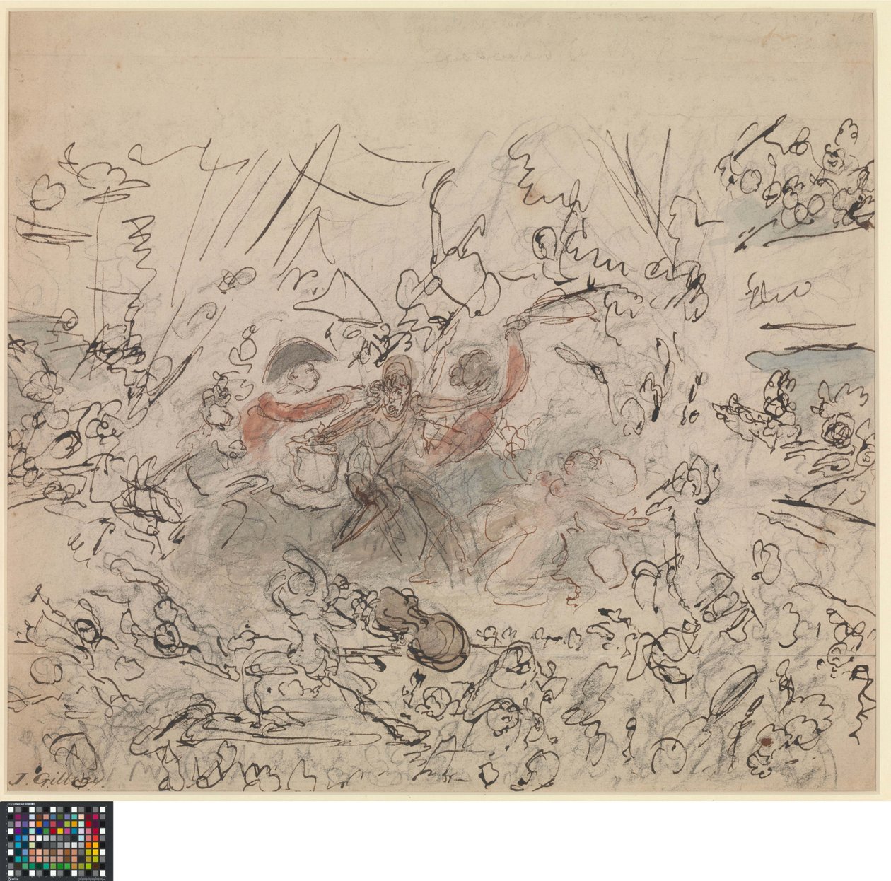 Holländska: Världens skådespel: Napoleonkrigen (recto).  Lista över motiv "värdiga de brittiska konstnärernas talang" (a tergo) av James Gillray