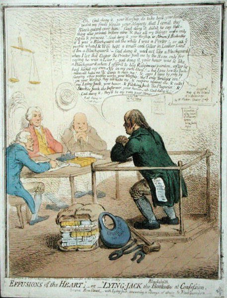 Effusions of the Heart, or Lying Jack the Blacksmith at Confession, publicerad av Hannah Humphrey 1795 för Philanthropic Society (handfärgad etsning) av James Gillray