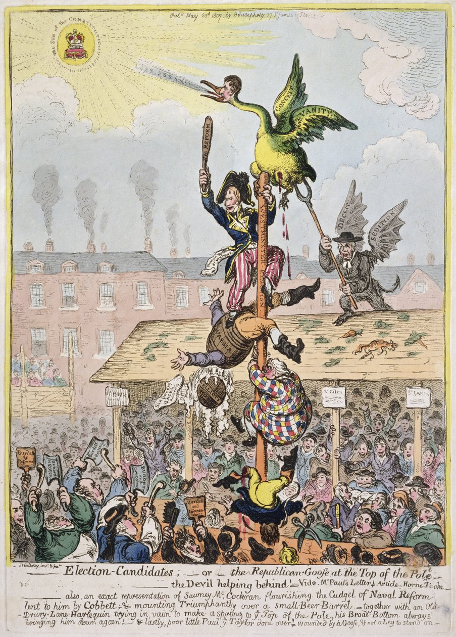 Valkandidat, eller den republikanska gåsen på toppen av polen, publicerad av Hannah Humphrey 1807 (handfärgad etsning) av James Gillray