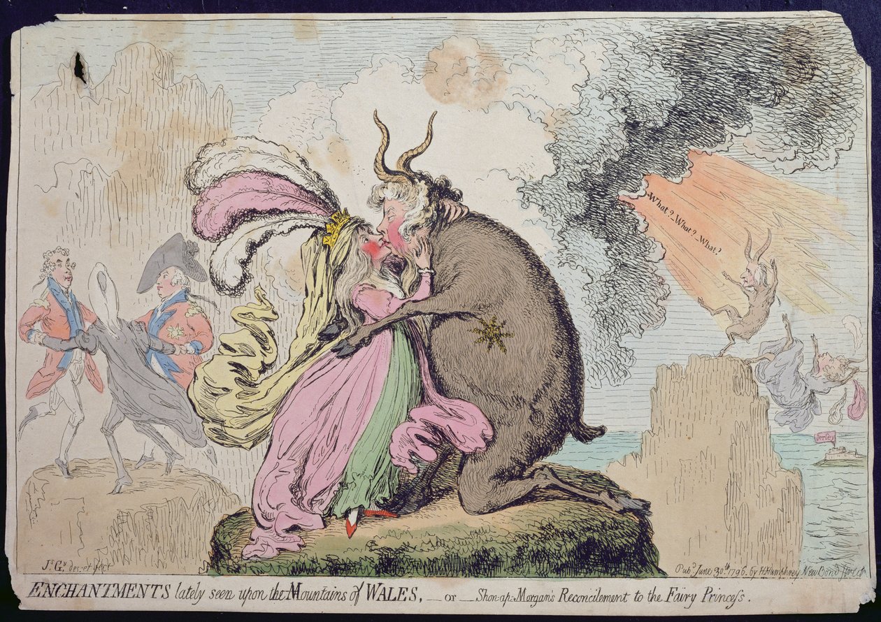 Förtrollningar som nyligen setts på berget Wales, eller Shon-ap-Morgans försoning med Fairy Princess, publicerad av Hannah Humphrey 1796 (handfärgad etsning) av James Gillray