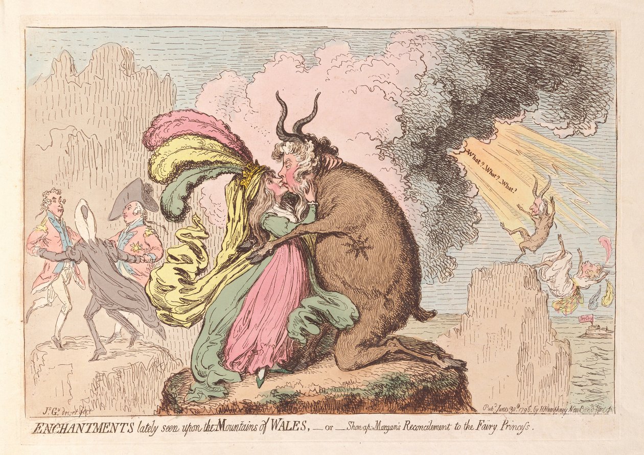 Förtrollningar nyligen sett på bergen i Wales eller Shon-ap Morgans försoning med Fairy Princess, pub. 1796 (handfärgad gravyr) av James Gillray