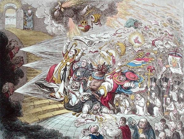 Slutet på den irländska farsen om katolsk frigörelse, publicerad av Hannah Humphrey 1805 (handkolorerad etsning) av James Gillray