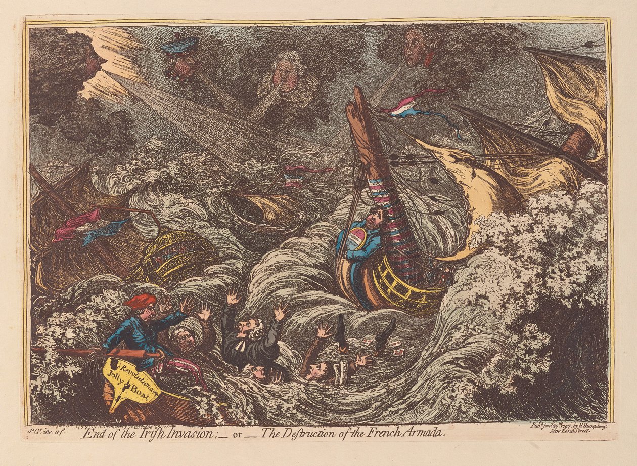Slutet på den irländska invasionen eller Förstörelsen av den franska armadan, pub. 1797 (handfärgad gravyr) av James Gillray