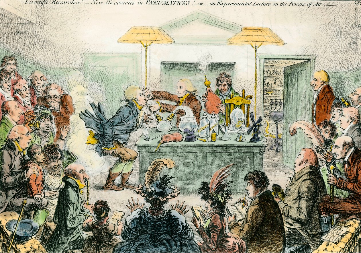 Engelsk satir på vetenskap: nya upptäckter i pneumatiska material. Satirisk teckning på entusiasmen för vetenskapliga konferenser på 1800-talet. Gravyr av James Gillray (1757-1815) av James Gillray