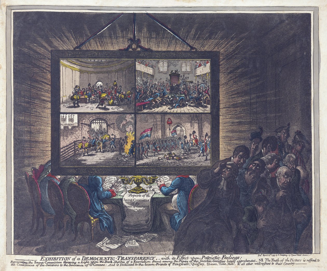 Utställning av en demokratisk öppenhet, med dess effekt på patriotiska känslor, pub. 1799 (handfärgad gravyr) av James Gillray