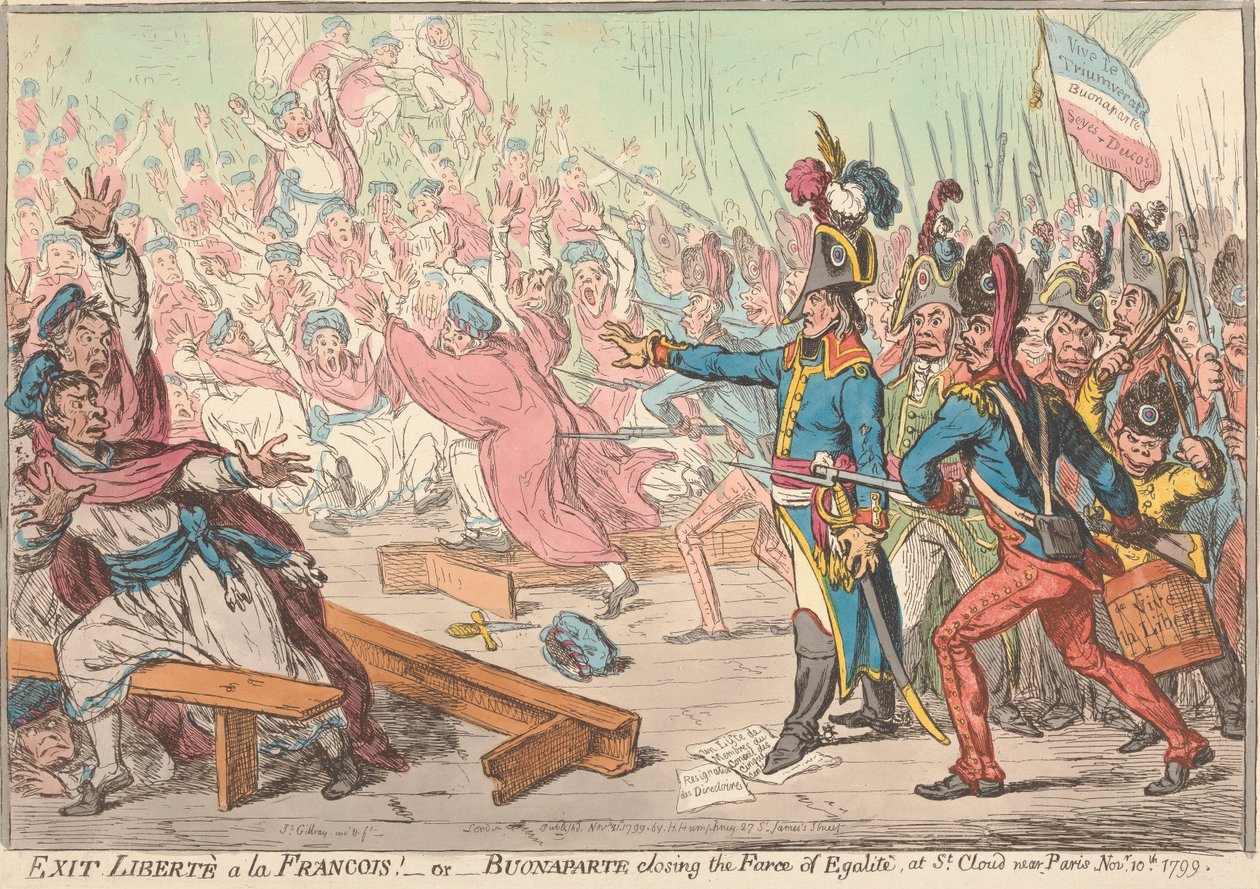 Farväl, frihet à la François! – eller – Bonaparte sätter punkt för farsen om jämlikhet, i Saint-Cloud nära Paris, den 10 november 1799 av James Gillray