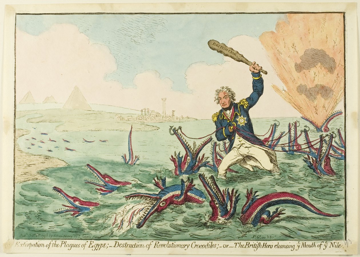 Utplåning av Egyptens plågor; Förintelse av revolutionära krokodiler av James Gillray