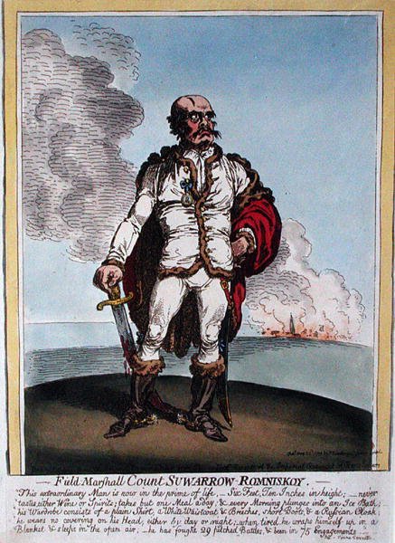 Fältmarskalk greve Suwarrow-Rominiskoy (1729-1800) publicerad av Hannah Humphrey 1799 (handfärgad etsning) av James Gillray