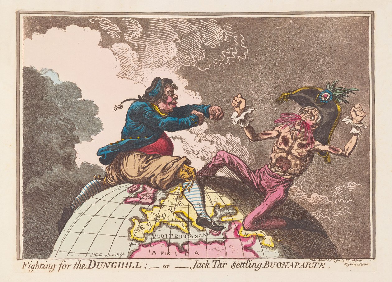 Slåss om Dunghill eller Jack Tar bosättning Buonaparte, pub. 1798 (handfärgad gravyr) av James Gillray