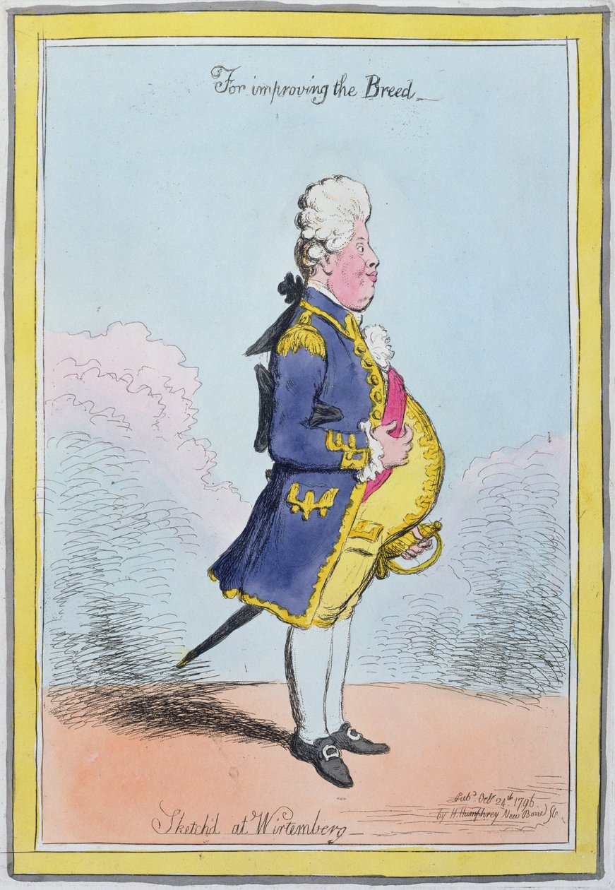 För att förbättra rasen, skissad i Wirtemberg, publicerad av Hannah Humphrey 1796 (handfärgad etsning) av James Gillray