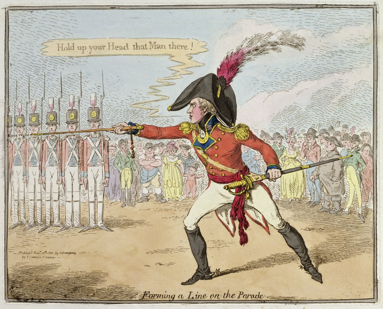 Forming a Line on the Parade, publicerad av Hannah Humphrey 1801 (handfärgad etsning) av James Gillray