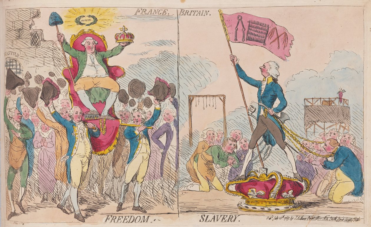 Frankrike Frihet, Storbritannien Slaveri, pub. 1789 (handfärgad gravyr) av James Gillray