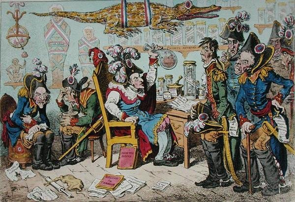 Franska generaler som går i pension på grund av sin hälsa med Lepaux som ordförande i Directorial Dispensary, publicerad av Hannah Humphrey 1799 (handfärgad etsning) av James Gillray